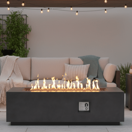 Outdoor Rectangle Propane Fire Pit Table 60inch, 60,000 BTU Concrete Fire Table with Waterproof Cover, Auto-Ignition, Free Lava Rocks - Sonkuki