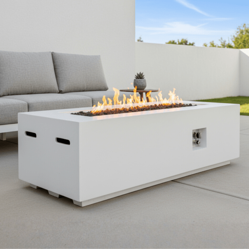 Outdoor Rectangle Propane Fire Pit Table 60inch, 60,000 BTU Concrete Fire Table with Waterproof Cover, Auto-Ignition, Free Lava Rocks - Sonkuki