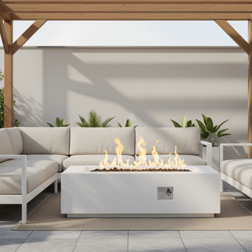 Outdoor Rectangle Propane Fire Pit Table 60inch, 60,000 BTU Concrete Fire Table with Waterproof Cover, Auto-Ignition, Free Lava Rocks - Sonkuki