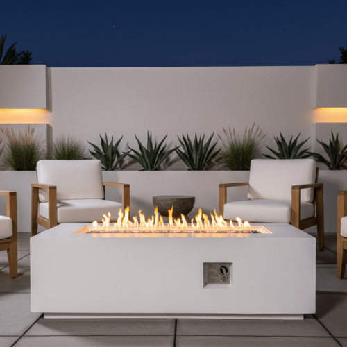 Outdoor Rectangle Propane Fire Pit Table 60inch, 60,000 BTU Concrete Fire Table with Waterproof Cover, Auto-Ignition, Free Lava Rocks - Sonkuki