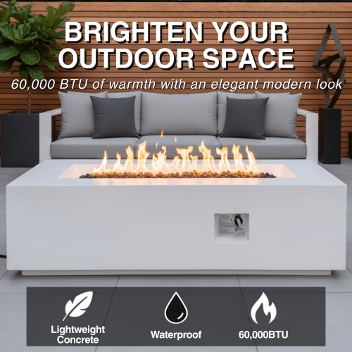 Outdoor Rectangle Propane Fire Pit Table 60inch, 60,000 BTU Concrete Fire Table with Waterproof Cover, Auto-Ignition, Free Lava Rocks - Sonkuki