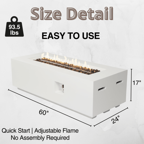 Outdoor Rectangle Propane Fire Pit Table 60inch, 60,000 BTU Concrete Fire Table with Waterproof Cover, Auto-Ignition, Free Lava Rocks - Sonkuki