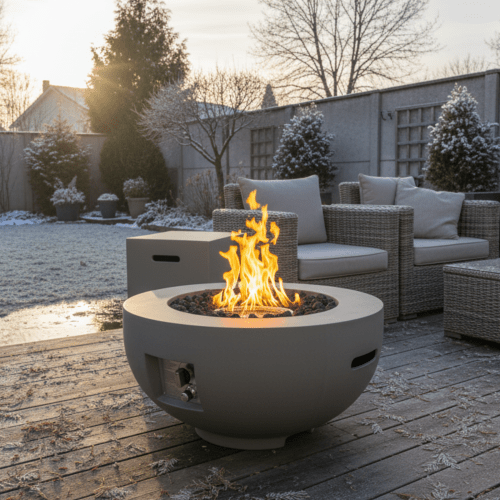 Outdoor Round Propane Fire Pit Table 28-inch,40,000 BTU Fire Pit Bowl,Light Concrete Propane Fire Pit with Free Lava Rocks,Rain Cover and Burner Lid,for Outside Patio,Garden,Deck,Light Grey - Sonkuki