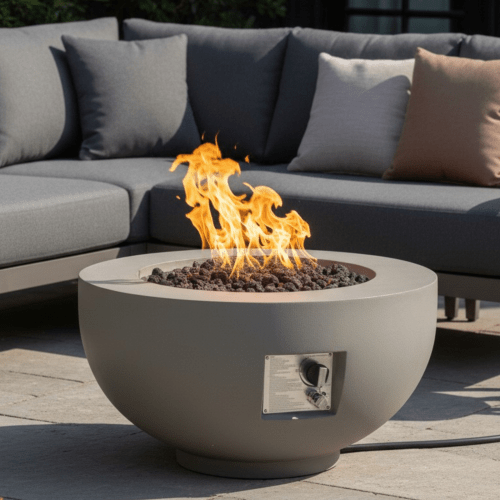 Outdoor Round Propane Fire Pit Table 28-inch,40,000 BTU Fire Pit Bowl,Light Concrete Propane Fire Pit with Free Lava Rocks,Rain Cover and Burner Lid,for Outside Patio,Garden,Deck,Light Grey - Sonkuki