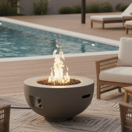 Outdoor Round Propane Fire Pit Table 28-inch,40,000 BTU Fire Pit Bowl,Light Concrete Propane Fire Pit with Free Lava Rocks,Rain Cover and Burner Lid,for Outside Patio,Garden,Deck,Light Grey - Sonkuki