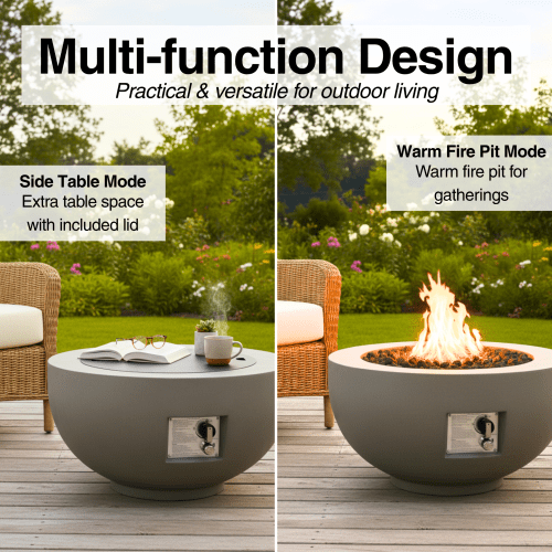 Outdoor Round Propane Fire Pit Table 28-inch,40,000 BTU Fire Pit Bowl,Light Concrete Propane Fire Pit with Free Lava Rocks,Rain Cover and Burner Lid,for Outside Patio,Garden,Deck,Light Grey - Sonkuki