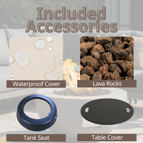 Outdoor Round Propane Fire Pit Table 28-inch,40,000 BTU Fire Pit Bowl,Light Concrete Propane Fire Pit with Free Lava Rocks,Rain Cover and Burner Lid,for Outside Patio,Garden,Deck,Light Grey - Sonkuki