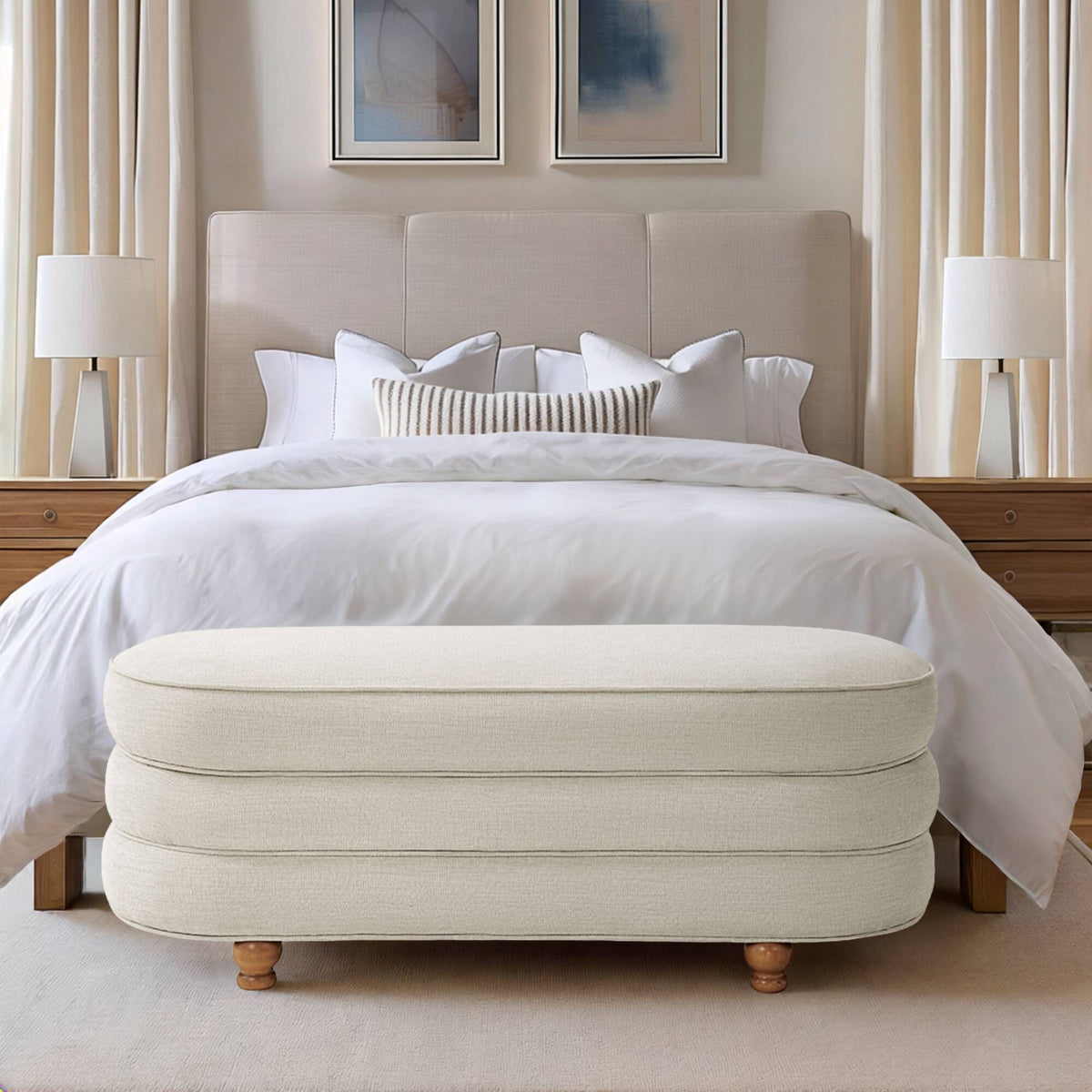 Oval Channel Storage Bench with Wooden Ball Feet - Sonkuki