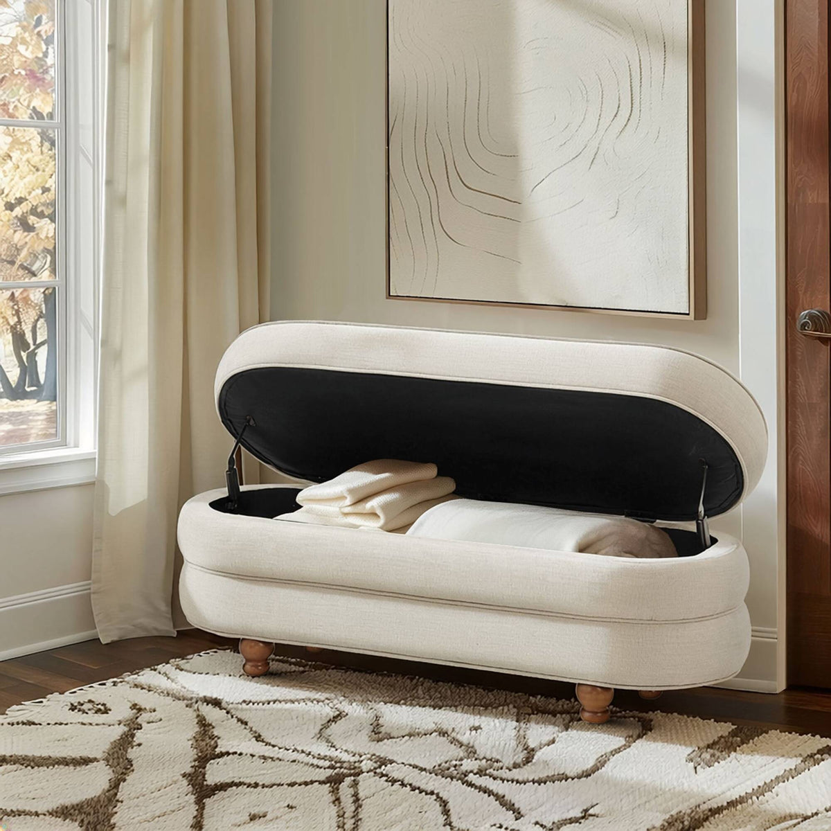 Oval Channel Storage Bench with Wooden Ball Feet - Sonkuki