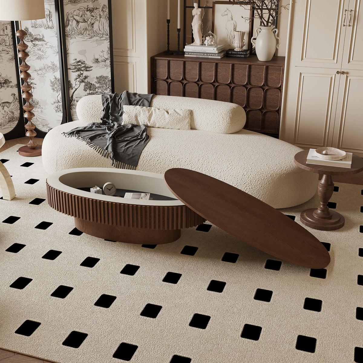 Oval Coffee Table with Storage Solid Wood Veneered Modern Coffee Table Accent Tea Table for Living Room, Bedroom, Apartment or Office - Sonkuki