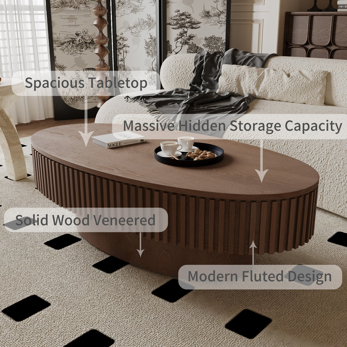 Oval Coffee Table with Storage Solid Wood Veneered Modern Coffee Table Accent Tea Table for Living Room, Bedroom, Apartment or Office - Sonkuki