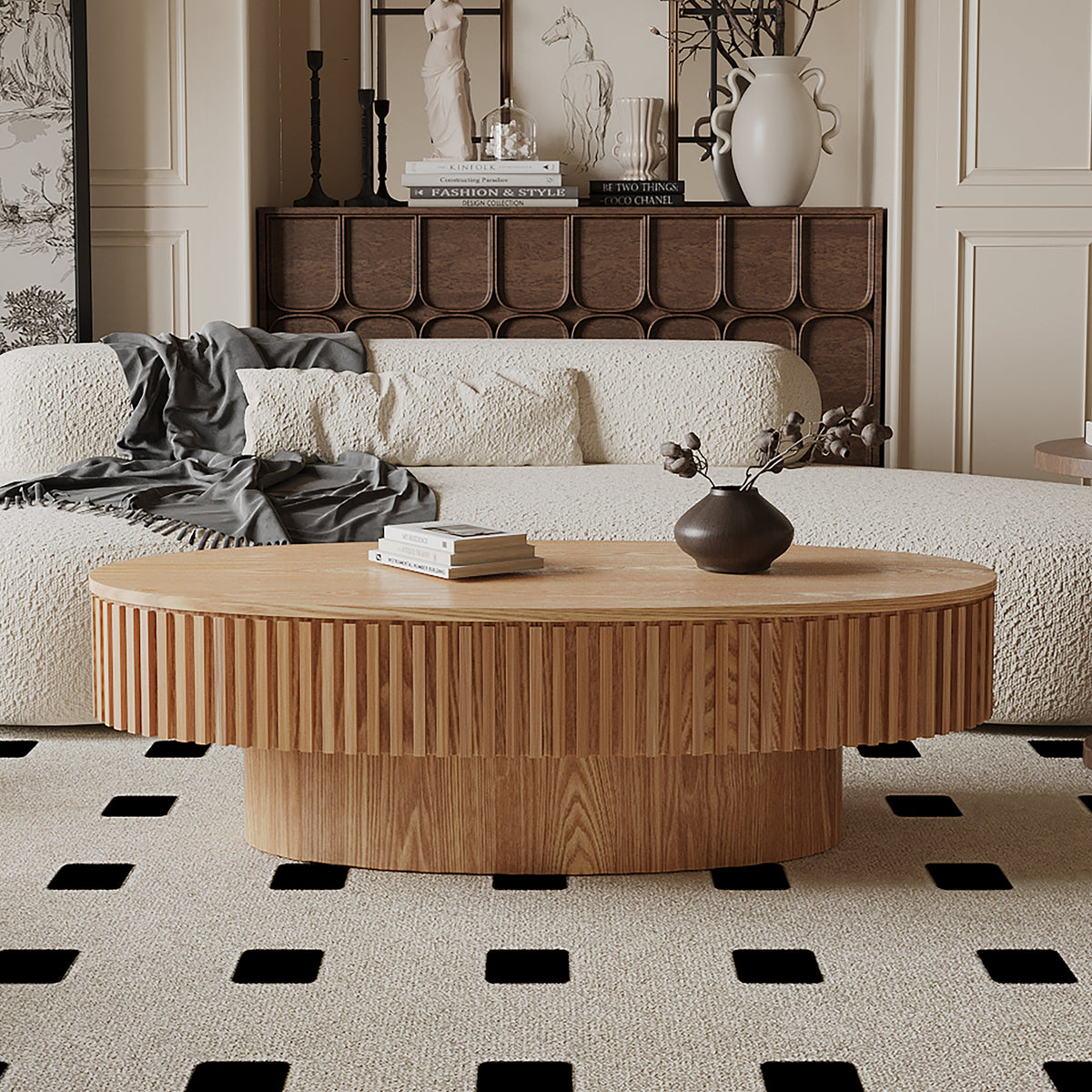 Oval Coffee Table with Storage Solid Wood Veneered Modern Coffee Table Accent Tea Table for Living Room, Bedroom, Apartment or Office - Sonkuki