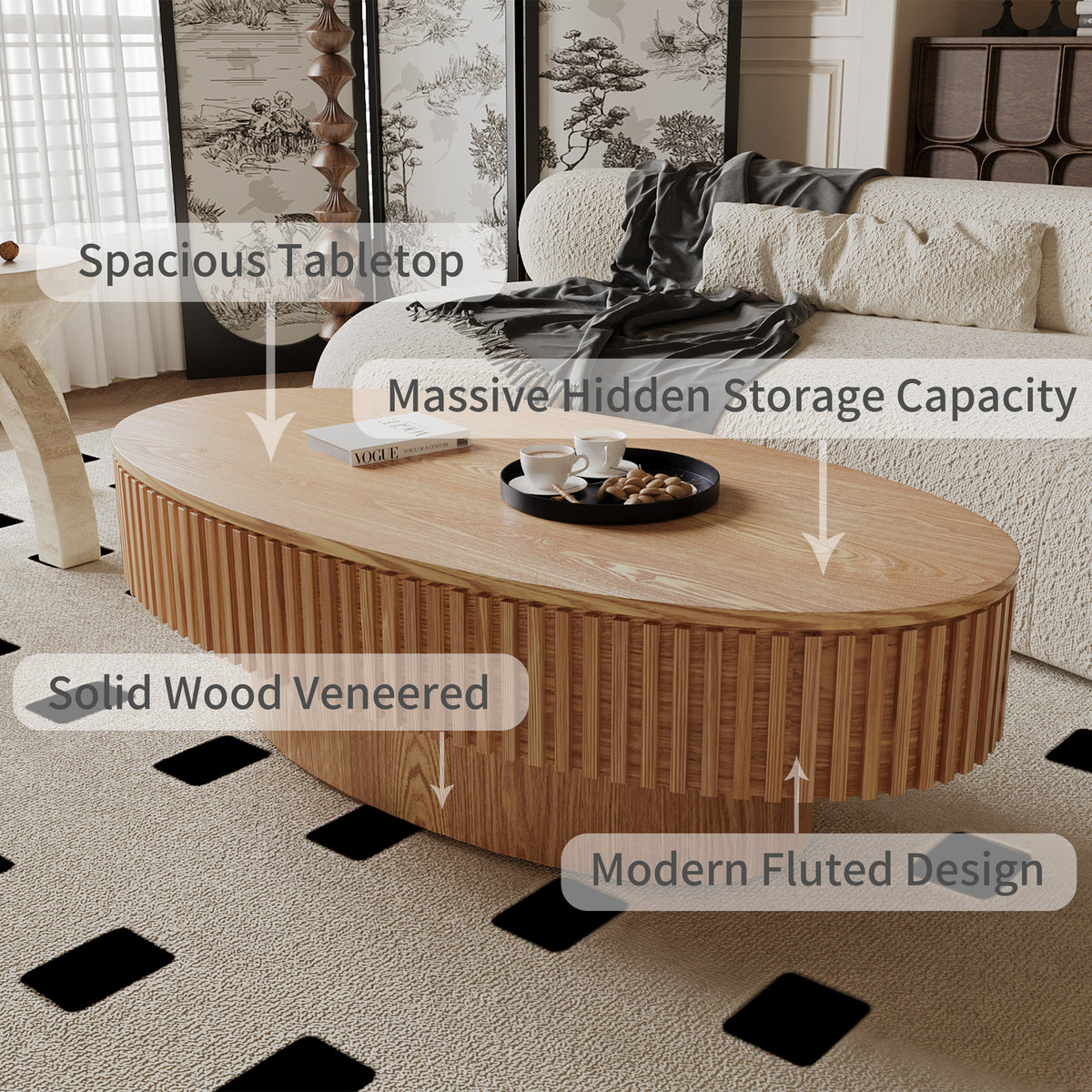 Oval Coffee Table with Storage Solid Wood Veneered Modern Coffee Table Accent Tea Table for Living Room, Bedroom, Apartment or Office - Sonkuki