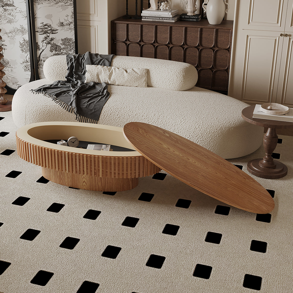 Oval Coffee Table with Storage Solid Wood Veneered Modern Coffee Table Accent Tea Table for Living Room, Bedroom, Apartment or Office - Sonkuki