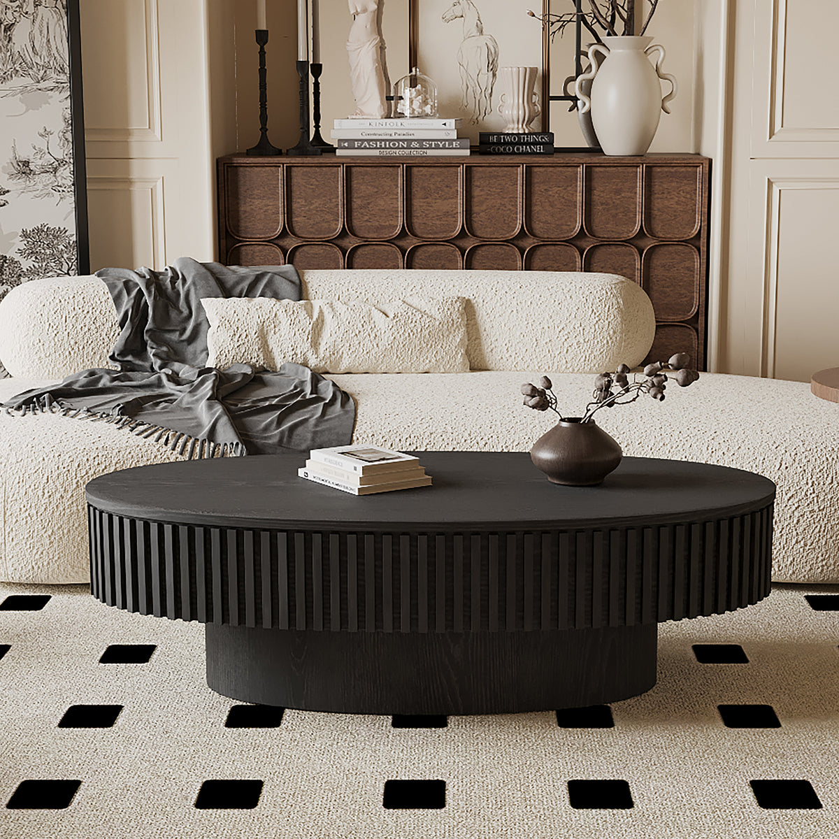 Oval Coffee Table with Storage Solid Wood Veneered Modern Coffee Table Accent Tea Table for Living Room, Bedroom, Apartment or Office - Sonkuki