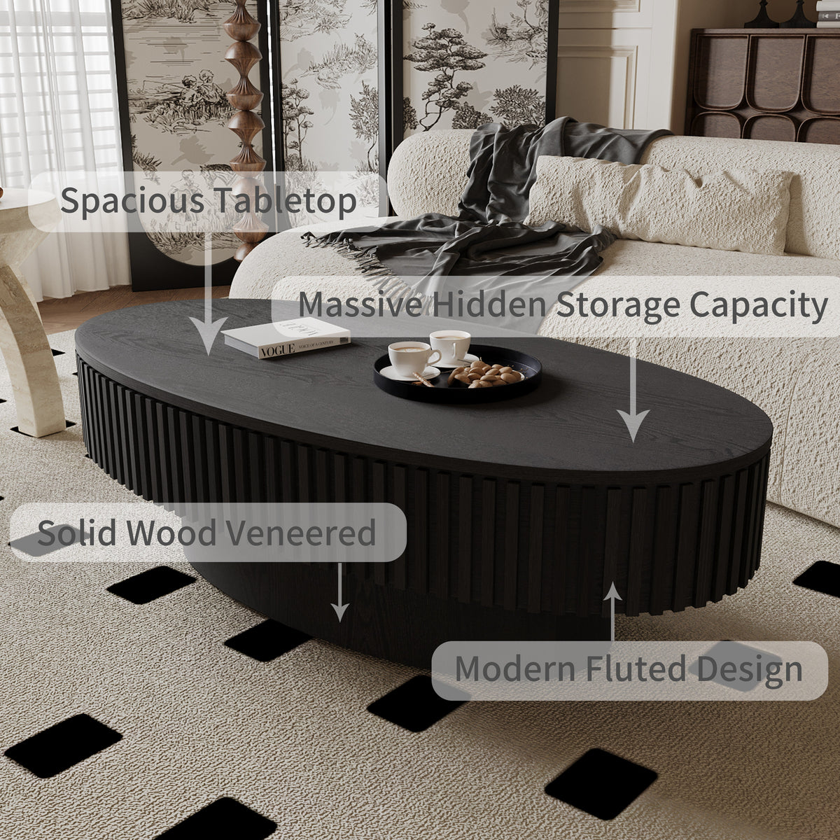 Oval Coffee Table with Storage Solid Wood Veneered Modern Coffee Table Accent Tea Table for Living Room, Bedroom, Apartment or Office - Sonkuki