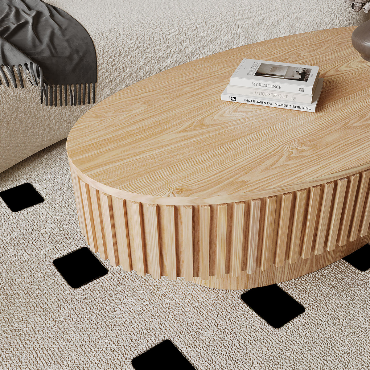 Oval Coffee Table with Storage Solid Wood Veneered Modern Coffee Table Accent Tea Table for Living Room, Bedroom, Apartment or Office - Sonkuki
