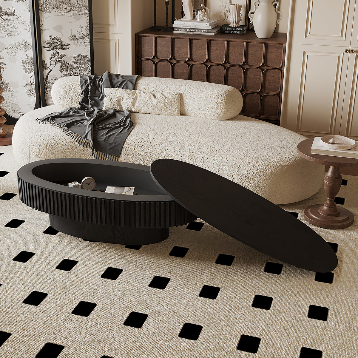 Oval Coffee Table with Storage Solid Wood Veneered Modern Coffee Table Accent Tea Table for Living Room, Bedroom, Apartment or Office - Sonkuki
