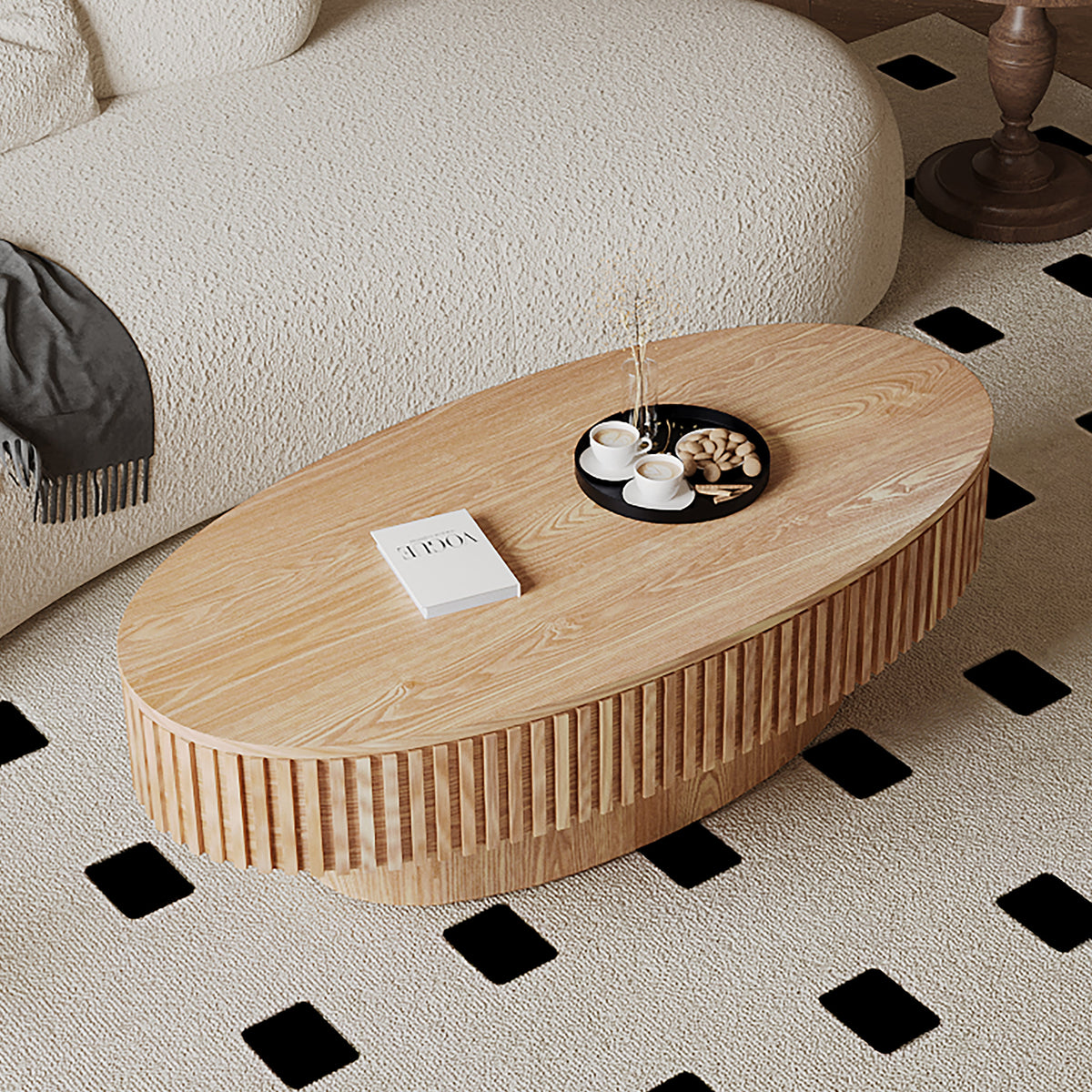 Oval Coffee Table with Storage Solid Wood Veneered Modern Coffee Table Accent Tea Table for Living Room, Bedroom, Apartment or Office - Sonkuki