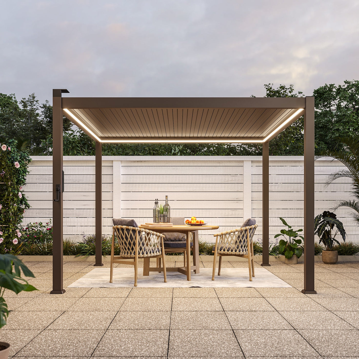 Patio LED Louvered Pergola 10x10Ft, Outdoor Metal Pergola with Adjustable Roof and LED strip lights, Easy Assembly Patio Pergola for Patio, Deck, Porch, Yard - Sonkuki