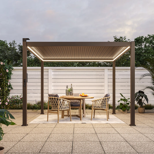 Patio LED Louvered Pergola 10x10Ft, Outdoor Metal Pergola with Adjustable Roof and LED strip lights, Easy Assembly Patio Pergola for Patio, Deck, Porch, Yard - Sonkuki