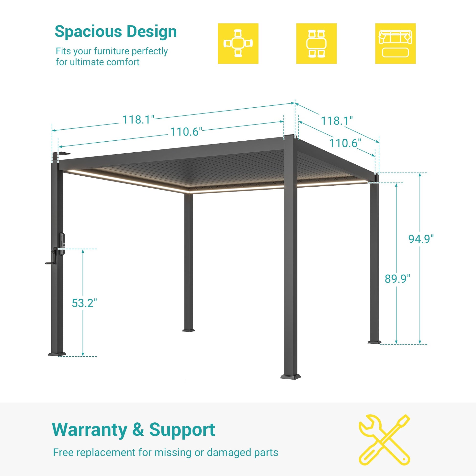 Patio LED Louvered Pergola 10x10Ft, Outdoor Metal Pergola with Adjustable Roof and LED strip lights, Easy Assembly Patio Pergola for Patio, Deck, Porch, Yard - Sonkuki
