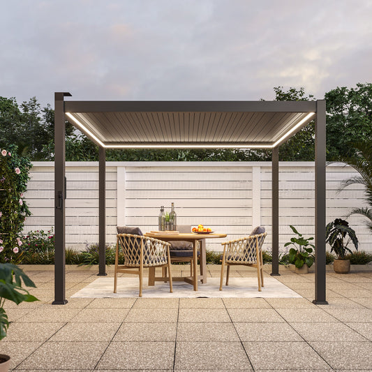 Patio LED Louvered Pergola 10x10Ft, Outdoor Metal Pergola with Adjustable Roof and LED strip lights, Easy Assembly Patio Pergola for Patio, Deck, Porch, Yard - Sonkuki