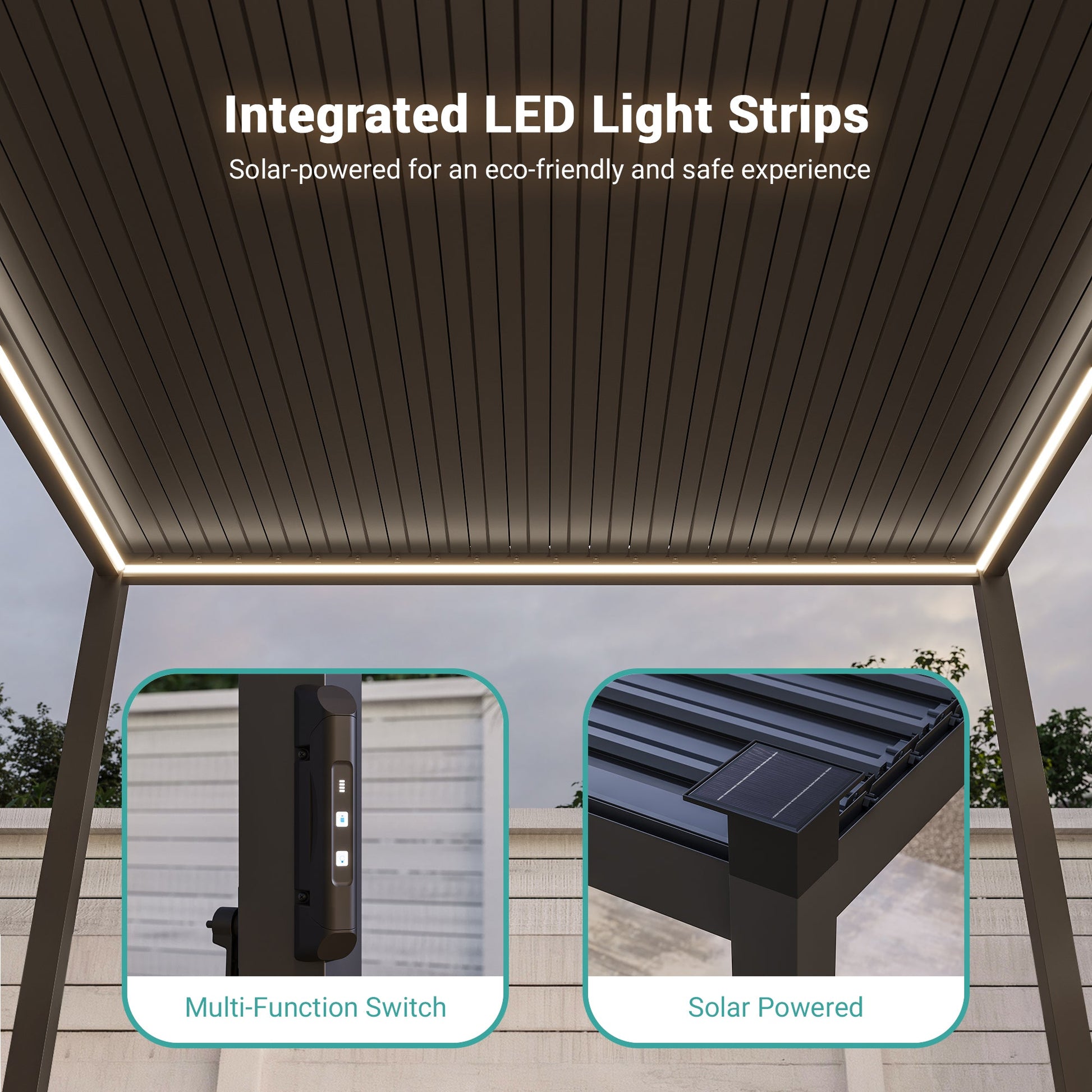 Patio LED Louvered Pergola 10x10Ft, Outdoor Metal Pergola with Adjustable Roof and LED strip lights, Easy Assembly Patio Pergola for Patio, Deck, Porch, Yard - Sonkuki