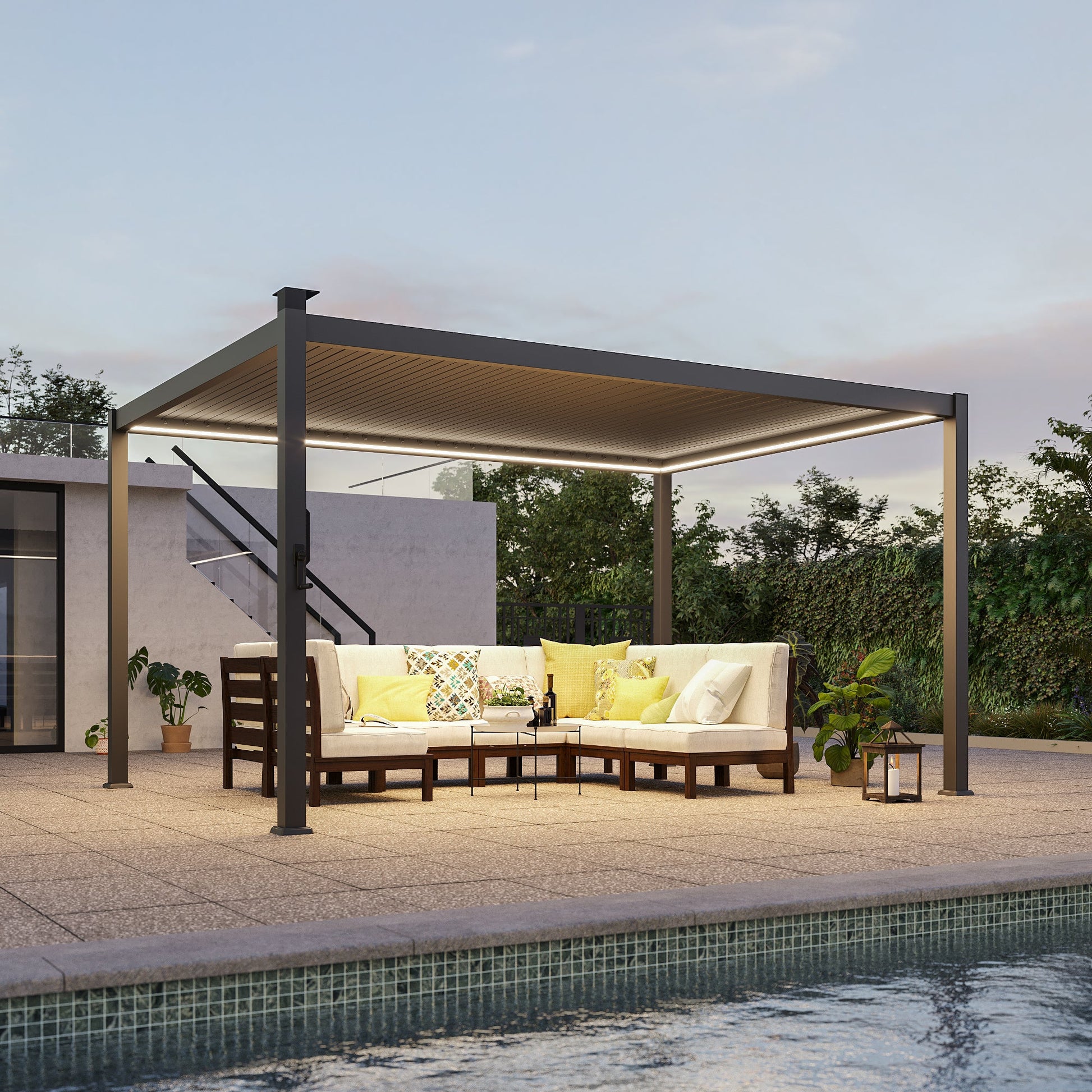 Patio LED Louvered Pergola 10x13Ft, Outdoor Metal Pergola with Adjustable Roof and LED strip lights, Easy Assembly Patio Pergola for Patio, Deck, Porch, Yard - Sonkuki