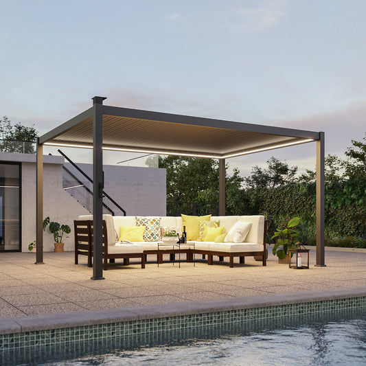 Patio LED Louvered Pergola 10x13Ft, Outdoor Metal Pergola with Adjustable Roof and LED strip lights, Easy Assembly Patio Pergola for Patio, Deck, Porch, Yard - Sonkuki