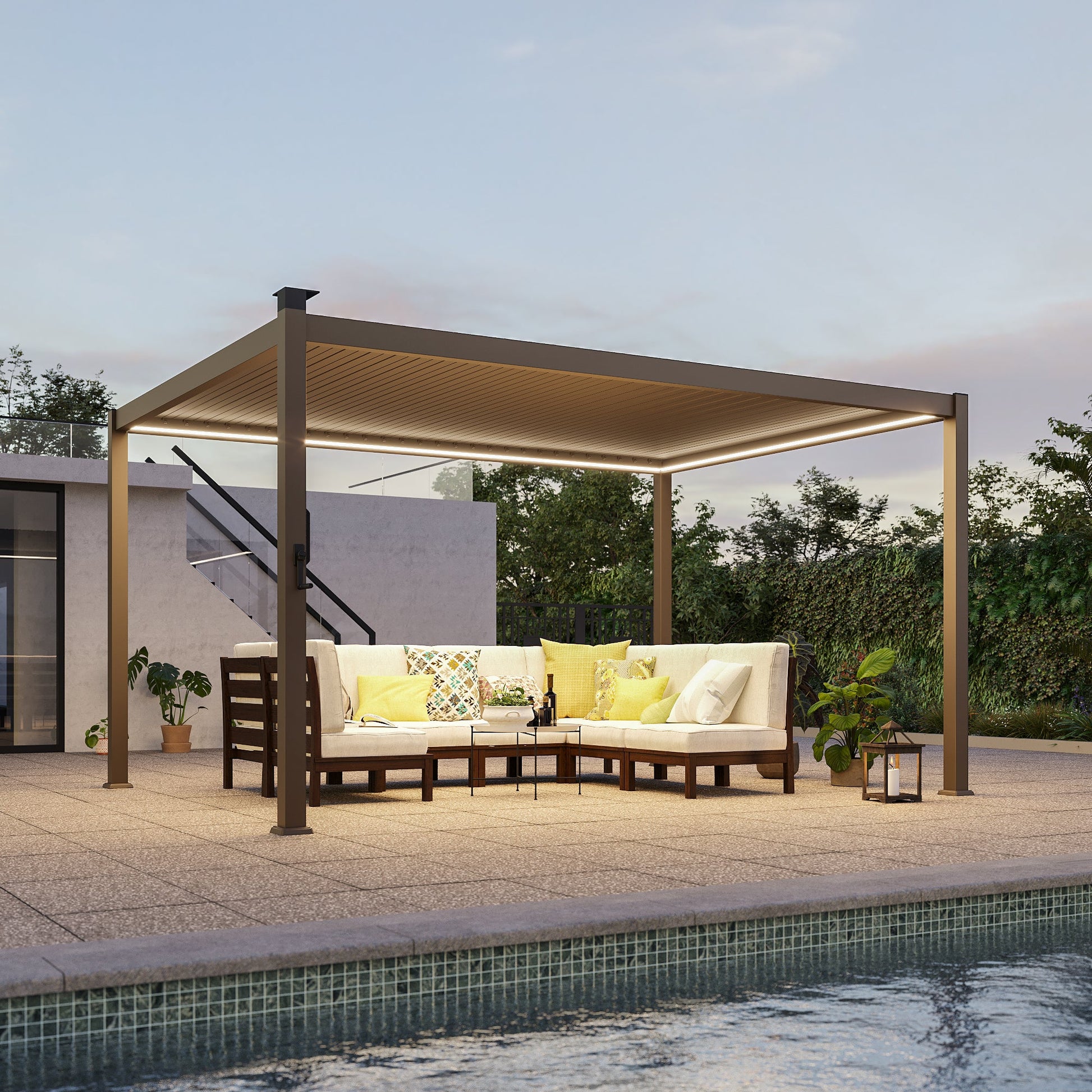 Patio LED Louvered Pergola 10x13Ft, Outdoor Metal Pergola with Adjustable Roof and LED strip lights, Easy Assembly Patio Pergola for Patio, Deck, Porch, Yard - Sonkuki