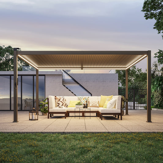 Patio LED Louvered Pergola 12x14Ft, Outdoor Metal Pergola with Adjustable Roof and LED strip lights, Easy Assembly Patio Pergola for Patio, Deck, Porch, Yard - Sonkuki