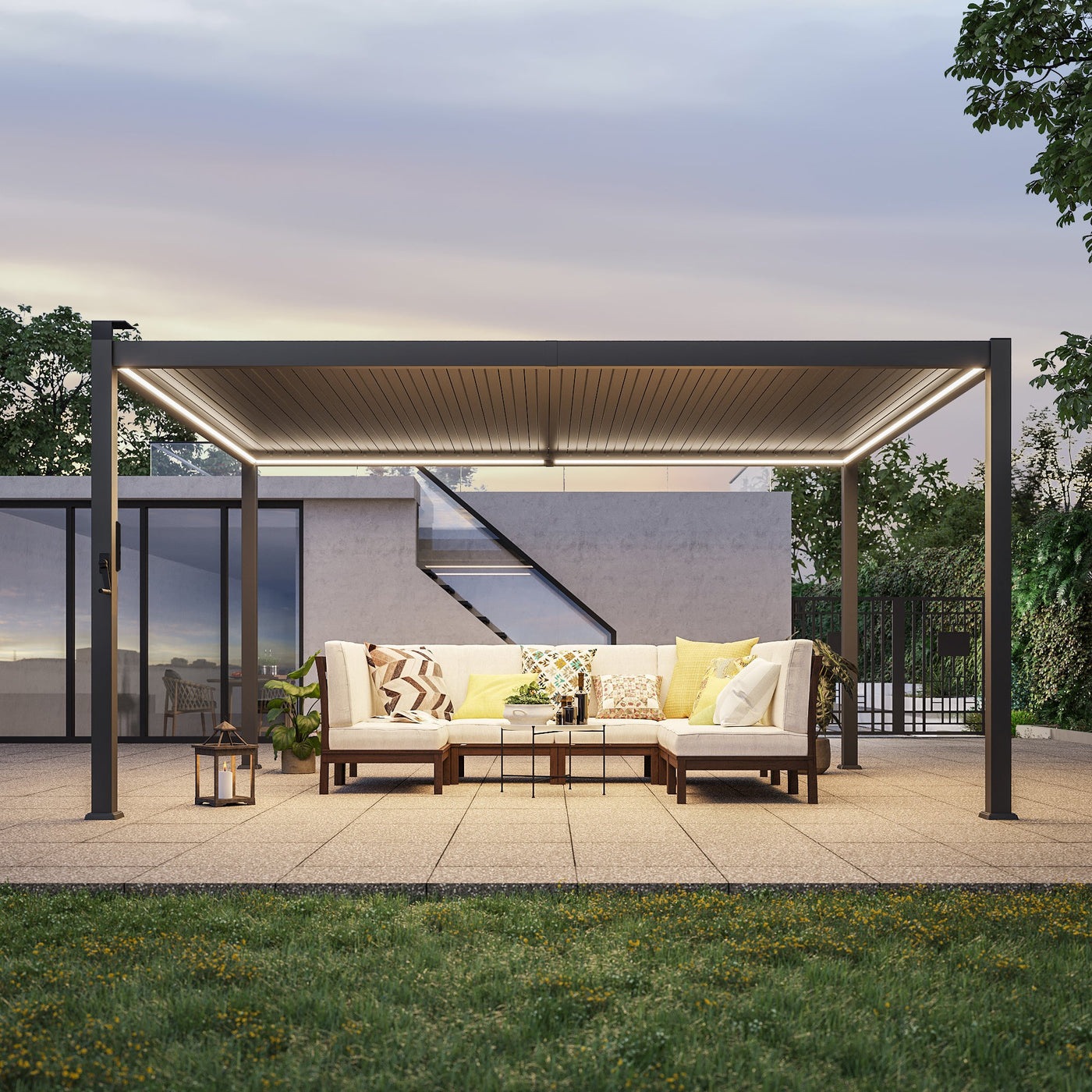 Patio LED Louvered Pergola 12x14Ft, Outdoor Metal Pergola with Adjustable Roof and LED strip lights, Easy Assembly Patio Pergola for Patio, Deck, Porch, Yard - Sonkuki