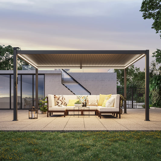 Patio LED Louvered Pergola 12x14Ft, Outdoor Metal Pergola with Adjustable Roof and LED strip lights, Easy Assembly Patio Pergola for Patio, Deck, Porch, Yard - Sonkuki