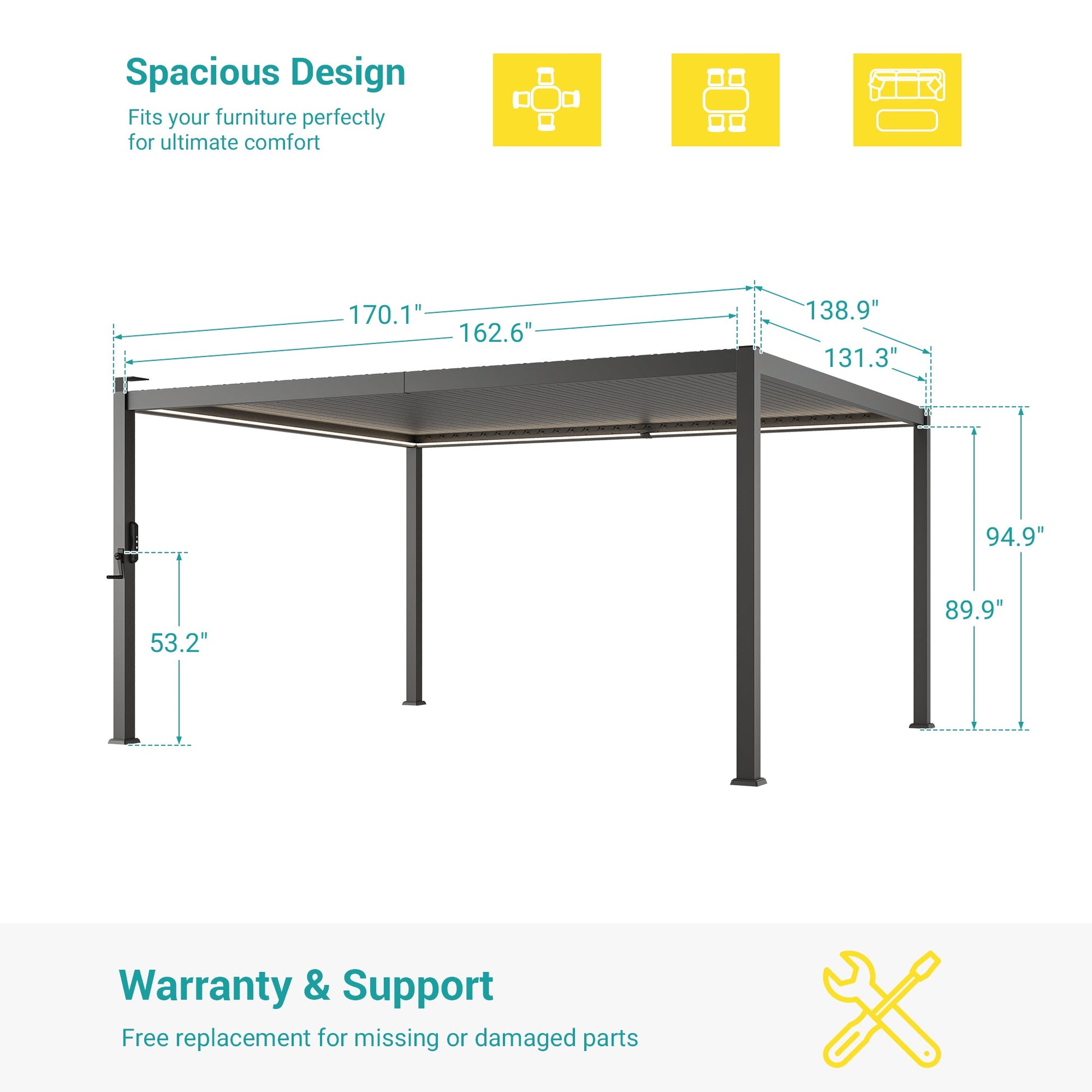 Patio LED Louvered Pergola 12x14Ft, Outdoor Metal Pergola with Adjustable Roof and LED strip lights, Easy Assembly Patio Pergola for Patio, Deck, Porch, Yard - Sonkuki