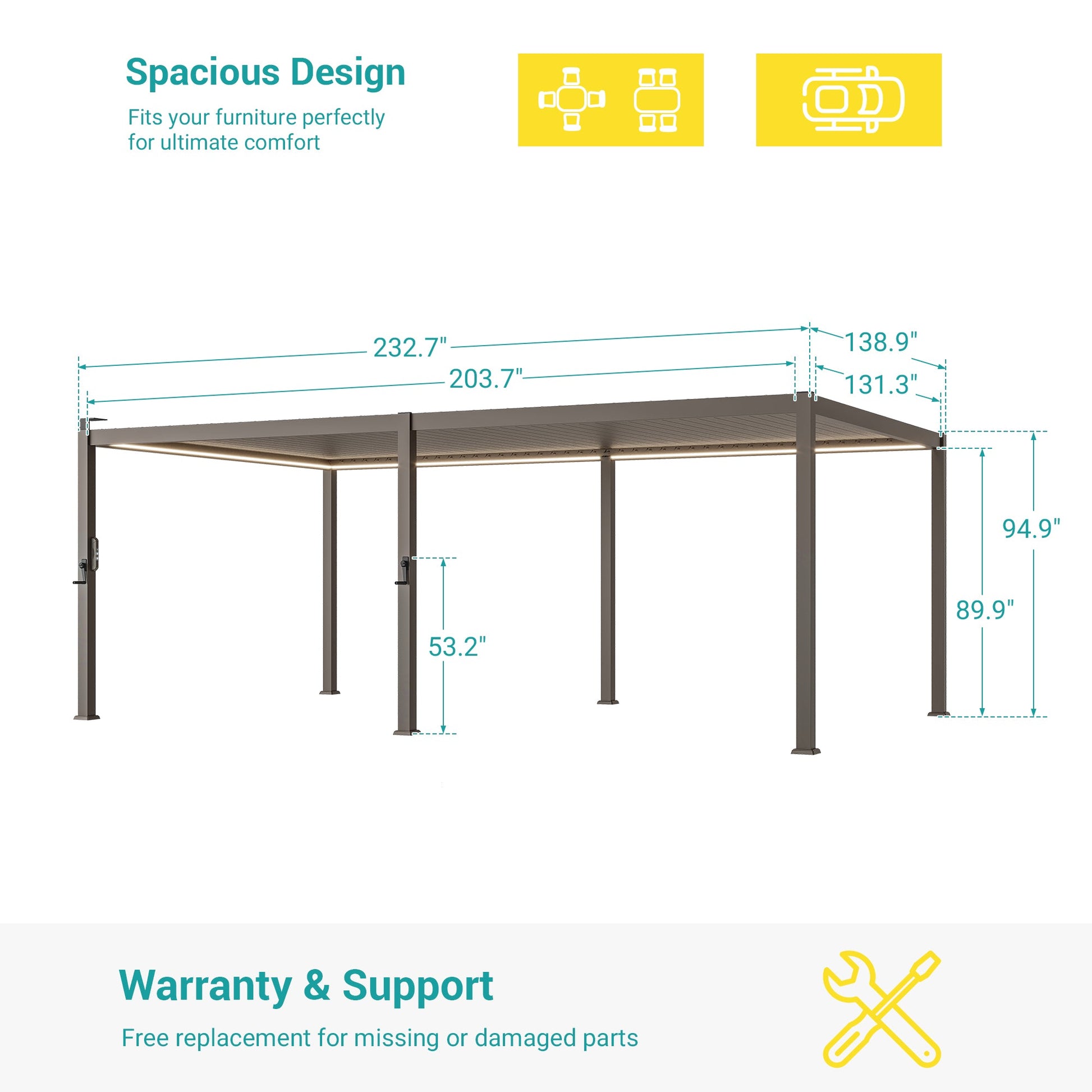 Patio LED Louvered Pergola 12x20Ft, Outdoor Metal Pergola with Adjustable Roof and LED strip lights, Easy Assembly Patio Pergola for Patio, Deck, Porch, Yard - Sonkuki
