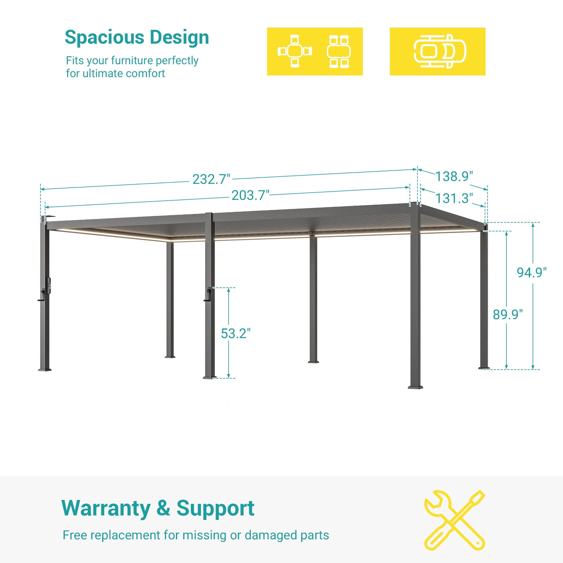 Patio LED Louvered Pergola 12x20Ft, Outdoor Metal Pergola with Adjustable Roof and LED strip lights, Easy Assembly Patio Pergola for Patio, Deck, Porch, Yard - Sonkuki