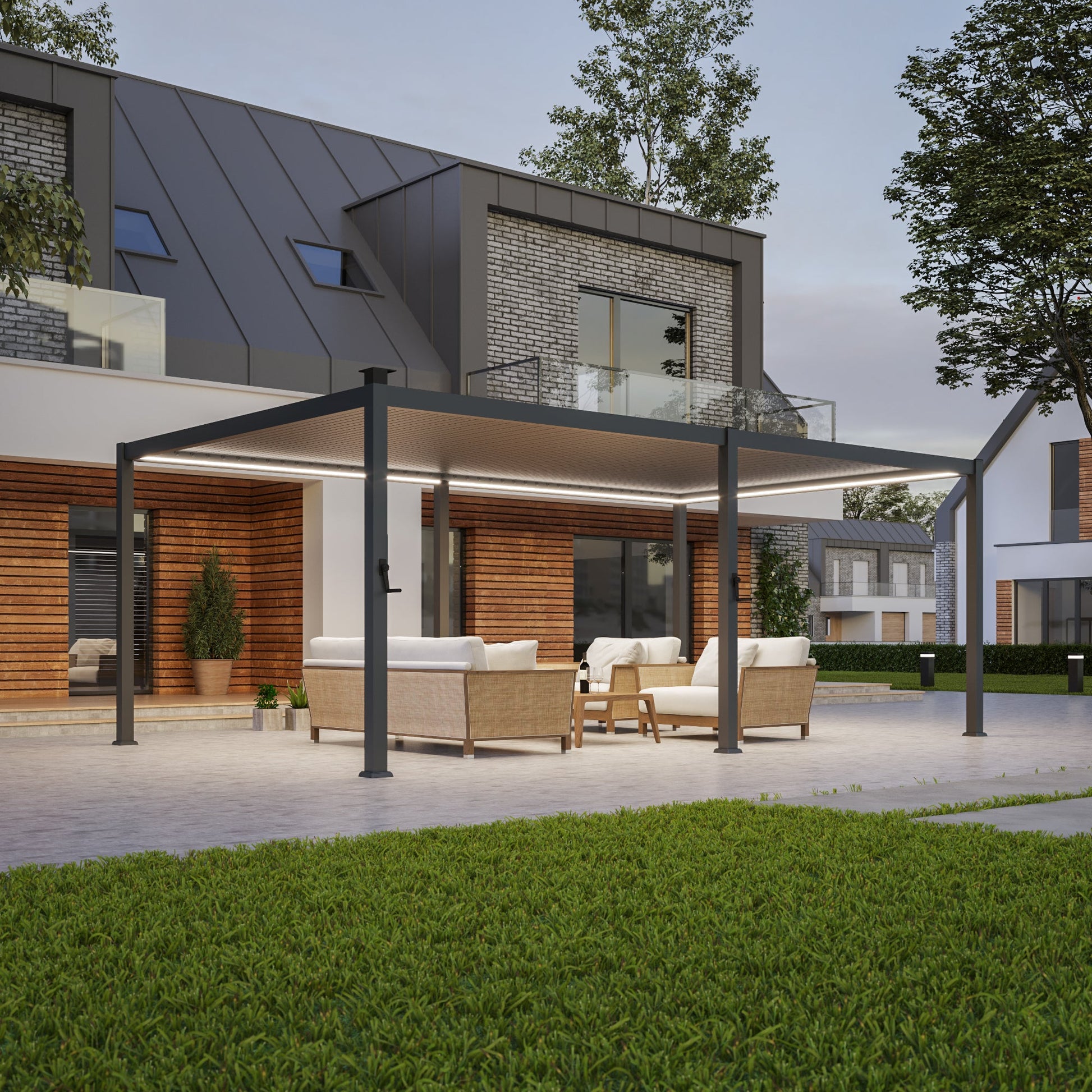 Patio LED Louvered Pergola 12x20Ft, Outdoor Metal Pergola with Adjustable Roof and LED strip lights, Easy Assembly Patio Pergola for Patio, Deck, Porch, Yard - Sonkuki