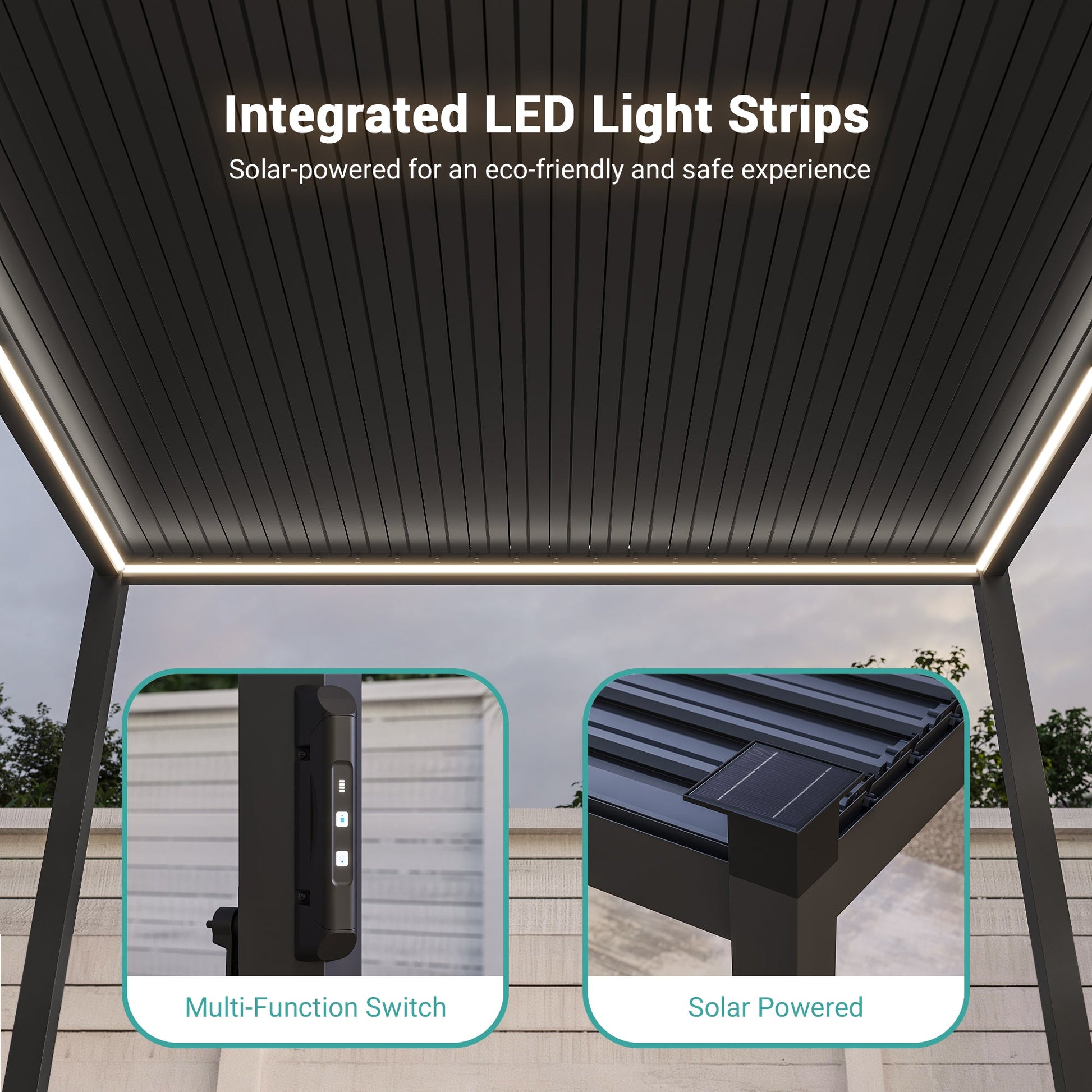 Patio LED Louvered Pergola 9x14Ft, Outdoor Metal Pergola with Adjustable Roof and LED strip lights, Easy Assembly Patio Pergola for Patio, Deck, Porch, Yard - Sonkuki