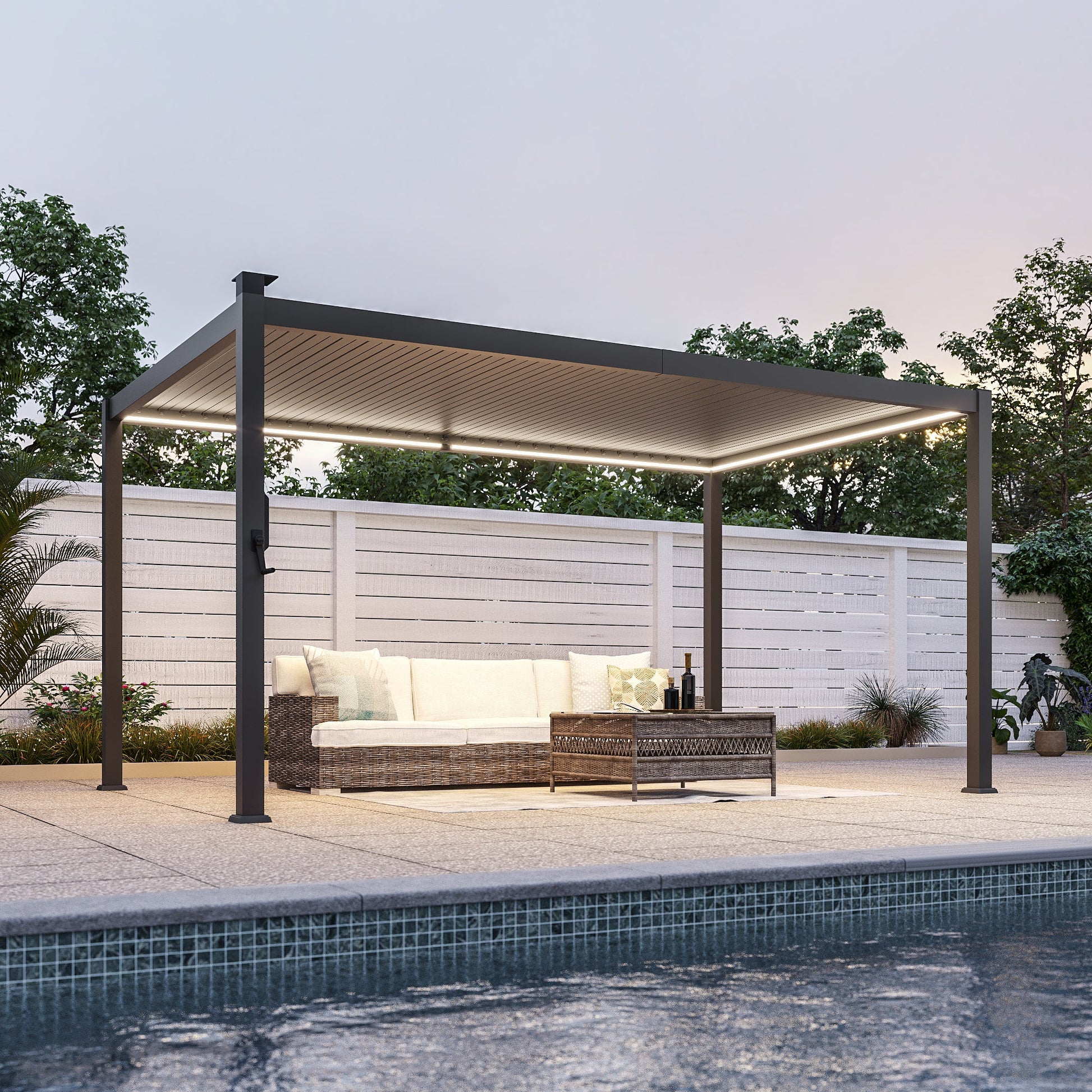 Patio LED Louvered Pergola 9x14Ft, Outdoor Metal Pergola with Adjustable Roof and LED strip lights, Easy Assembly Patio Pergola for Patio, Deck, Porch, Yard - Sonkuki