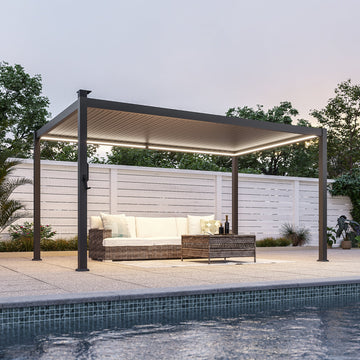 Patio LED Louvered Pergola 9x14Ft, Outdoor Metal Pergola with Adjustable Roof and LED strip lights, Easy Assembly Patio Pergola for Patio, Deck, Porch, Yard - Sonkuki