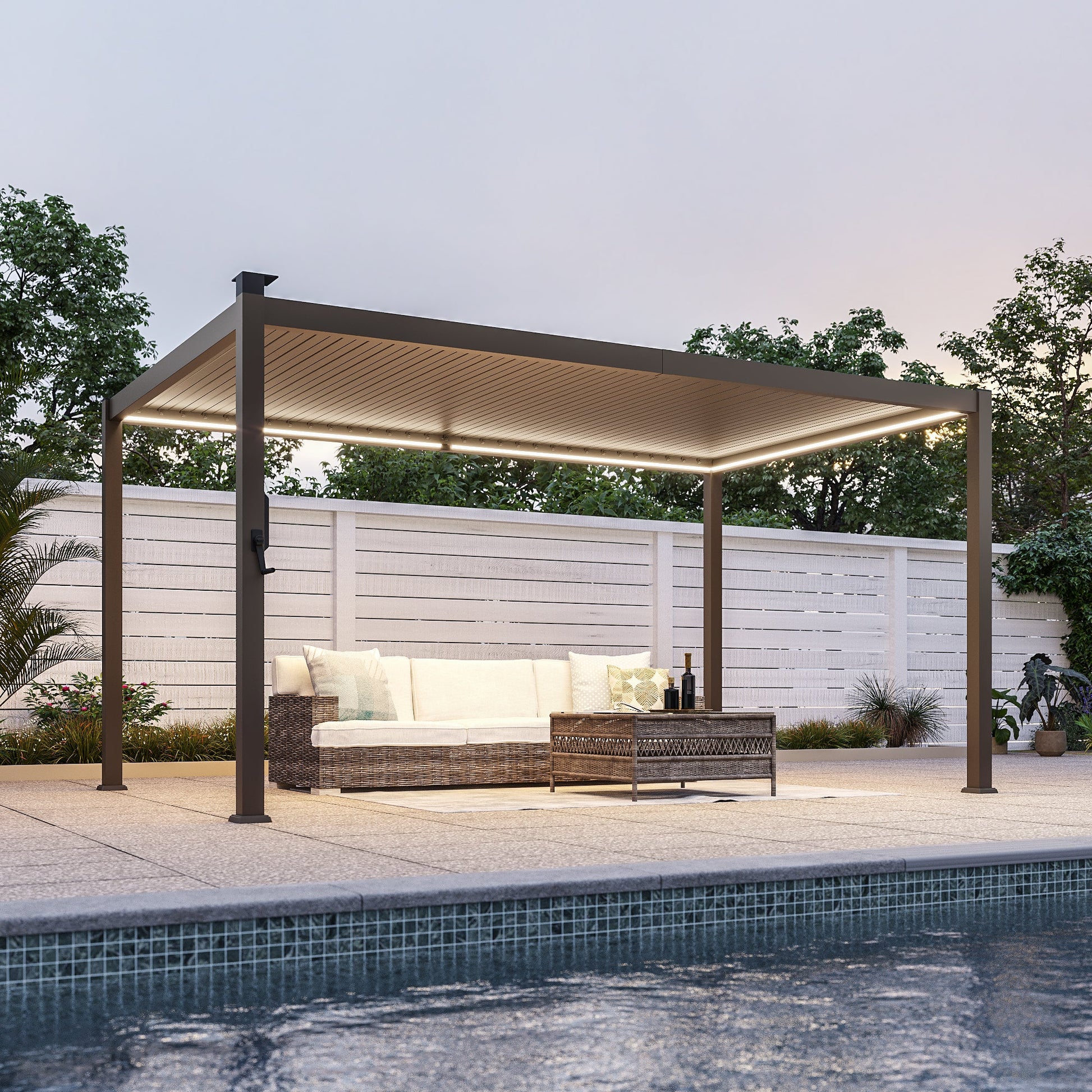 Patio LED Louvered Pergola 9x14Ft, Outdoor Metal Pergola with Adjustable Roof and LED strip lights, Easy Assembly Patio Pergola for Patio, Deck, Porch, Yard - Sonkuki