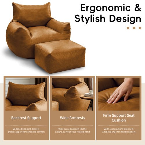 PBPMJT-Bean Bag Chair,Bean Bag Chair with Ottoman - Large Bean Bag Sofa for Adults, Teens, and Children for Living Rooms, Bedroom, Dorm,Tech Fabric with faux‑leather appearance,Brown - Sonkuki