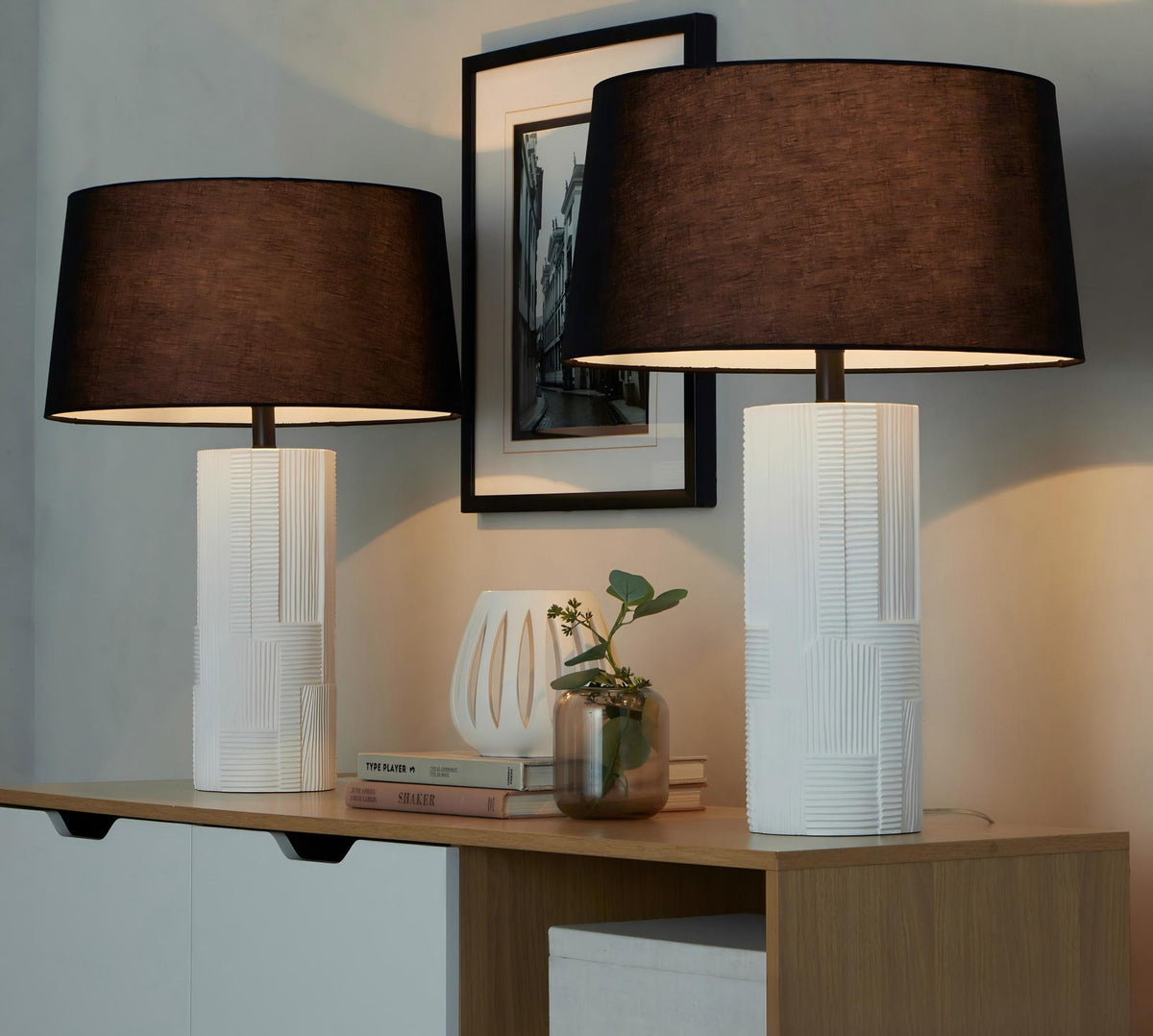 Petra 26" Contemporary Polyresin Table Lamp in Cream Polyresin and Black Metal with Black Linen Shade by LumiSource - Set of 2 - Sonkuki