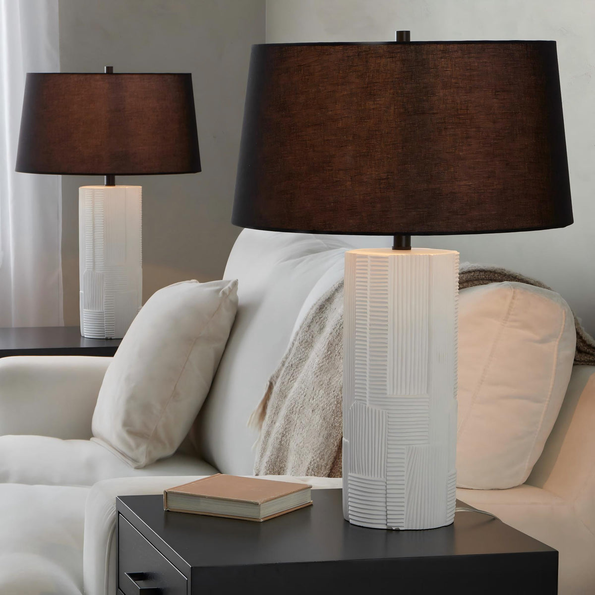 Petra 26" Contemporary Polyresin Table Lamp in Cream Polyresin and Black Metal with Black Linen Shade by LumiSource - Set of 2 - Sonkuki