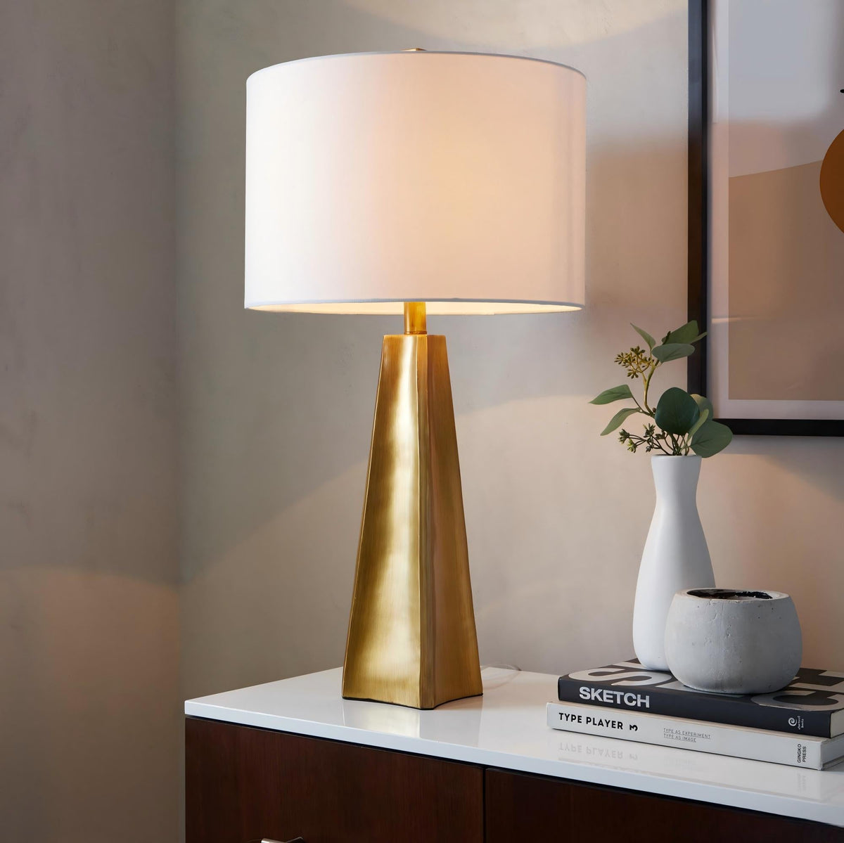 Pompeii 29" Contemporary Polyresin Table Lamp in Gold Polyresin and White Linen by LumiSource - Sonkuki