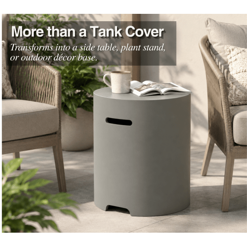 Propane Tank Cover Table, 16" Lightweight Concrete Propane Tank Hideaway for 20 lb Propane Tank, Outdoor Side Table with Handles for Gas Fire Pit, BBQ Grill & Griddle, Stone Look - Sonkuki