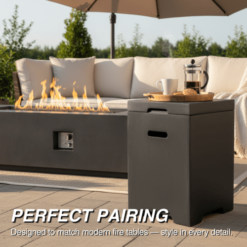Propane Tank Cover Table, Outdoor Cylinder Hideaway Table for Gas Fire Pit and Gas Griddle, Outdoor Side Table for Fire Pit, Light Concrete, Dark Grey - Sonkuki