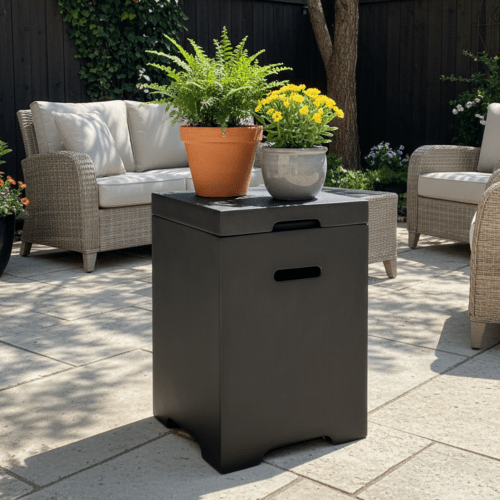 Propane Tank Cover Table, Outdoor Cylinder Hideaway Table for Gas Fire Pit and Gas Griddle, Outdoor Side Table for Fire Pit, Light Concrete, Dark Grey - Sonkuki