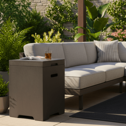 Propane Tank Cover Table, Outdoor Cylinder Hideaway Table for Gas Fire Pit and Gas Griddle, Outdoor Side Table for Fire Pit, Light Concrete, Dark Grey - Sonkuki